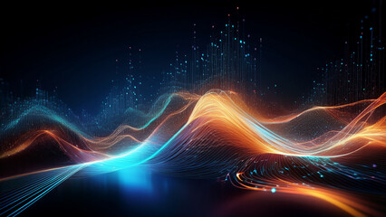 Naklejka premium Abstract Data Stream Blue and Orange Light Waves on Dark Background Digital Network Concept