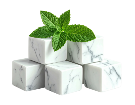 Cubes with marble design, topped with green sprig, stacked against a transparent background