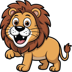 Cartoon lion, vector illustration, friendly animal, open mouth, big mane, playful character, kids design, isolated, smiling lion, jungle theme
