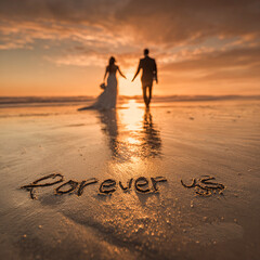 A Bride and Groom Holding Hands Walking Along the Shoreline Under Golden Sunset Light – perfect for wedding keepsakes