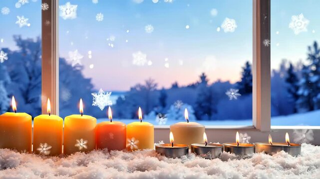 Burning advent candles and tealights resting on snow by window with a snowy landscape outside.