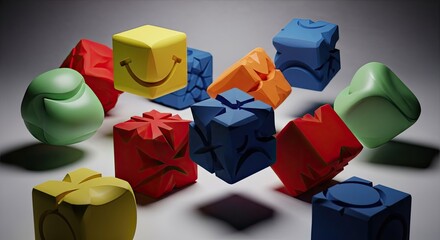 Colorful Geometric Puzzle Cubes with Unique Designs Arranged in Artistic Composition
