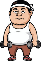 Cartoon weightlifter, fitness character, vector illustration, dumbbells, serious expression, workout pose, gym theme, isolated design, red sneakers, determined athlete