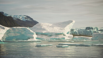 Icebergs drift among tranquil waters in a breathtaking Arctic landscape. The mountains loom in the distance, highlighting the serene beauty of this icy environment at dawn.