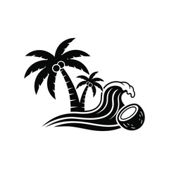 tropical beach scene with palm trees and ocean waves in black and white vector.eps
