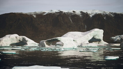 Fototapeta premium Glistening icebergs rise from calm Arctic waters, surrounded by rugged mountain cliffs. The soft light highlights the unique shapes of the ice as natures beauty unfolds in a serene landscape.