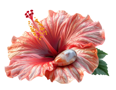 A coral-hued tropical blossom with a speckled stone, its vibrant petals and stamen detail prominent