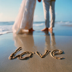 Elegant Bride and Groom Standing Barefoot at the Shoreline with Serene Ocean Reflections – great for romantic wall art