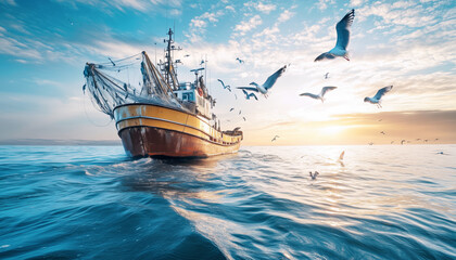 Commercial fishing vessel at cold sea pulling large nets filled with fish surrounded by seagulls. Bright reflections on water, dynamic maritime activity, sea food industry routine days.