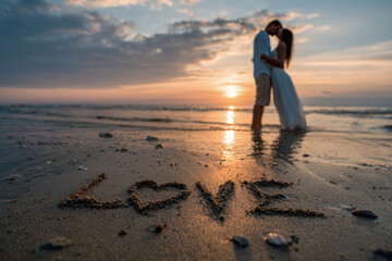 Cinematic Wedding Couple Hugging at Sunset on the Beach with Dreamy Atmosphere – perfect for wedding keepsakes