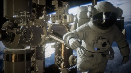 An astronaut in a white space suit performs a spacewalk beside the International Space Station. Below, the Earth glows with vibrant colors, showcasing the beauty of our planet from above.