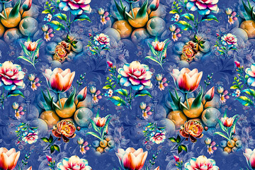 Floral Background Color Pattern Image Cute Graphics Digital Vintage Colour.Tropical seamless pattern background with exotic flowers, palm leaves, jungle leaf, hibiscus, orchid flower