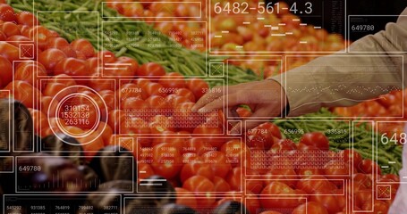 Grasping male shopper hand plucking red tomato in produce aisle, with data overlays, copy space