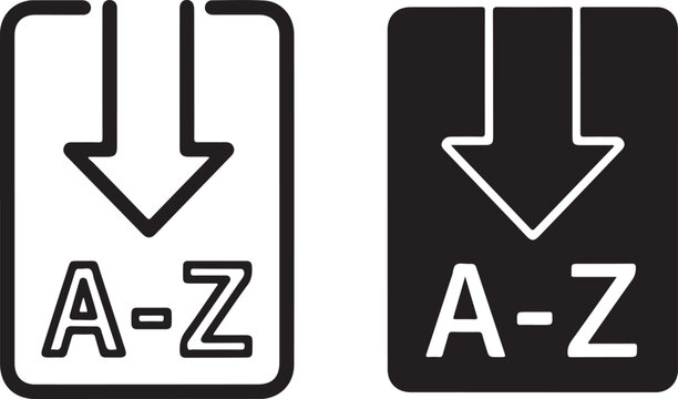 a2z sorting icon, depicting an arrow pointing downwards into a box with the letters az inside, representing the concept of arranging items in alphabetical order outline icon on