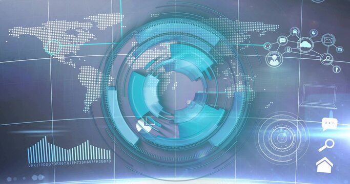 Displaying data visualization at computer interface, dotted world map and bar graph, tech icons - Powered by Adobe