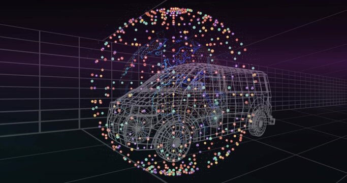 Displaying wireframe model van rotating within virtual 3D grid chamber, with colorful data points