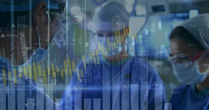 Surgical team examining holographic candlesticks and line graphs in operating room, surgical lights