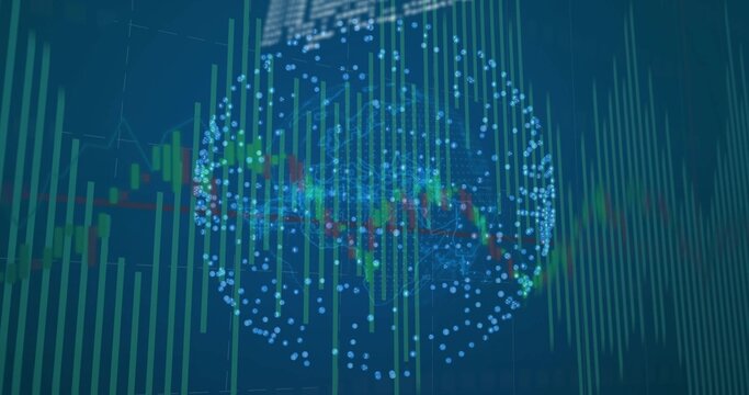 Displaying blue network sphere on grid dashboard, with green-red candlestick bars and line graphs