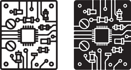 Vector art of circuit board icon, showcasing intricate electronic components and connections, representing technology, electronics, and the complex network of a computer system outline icon on