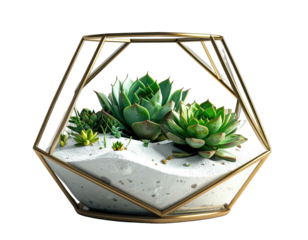 Succulents arranged in a geometric terrarium with gold-colored framing, white sand, and concrete
