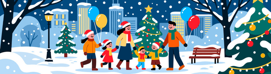 Fototapeta premium Families celebrating Christmas in snowy city park