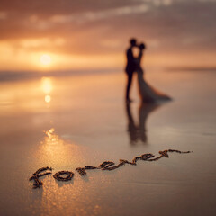 Wedding Couple Embracing on Pastel Peach and Lavender Shoreline with Gentle Ocean Breeze – ideal for wedding keepsakes