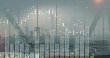 Streaming chart overlay through windows in office city skyline with candlestick bars red teal lines