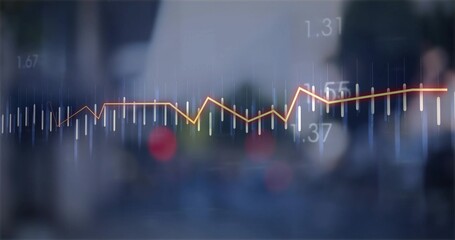 Displaying glowing yellow-orange line graph with white bar charts on urban street with numbers