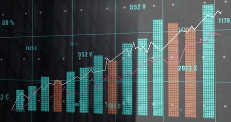 Displaying financial chart on glass wall at office, with turquoise-orange bars and magenta line