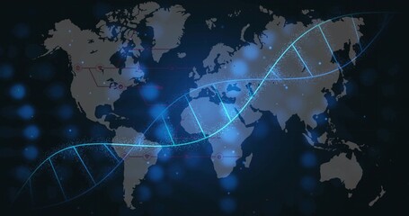 Traversing glowing DNA helix winding across virtual world map, with data nodes and connecting lines