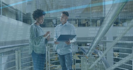 Two colleagues discussing smartphone content and laptop data in corporate atrium, with code overlay