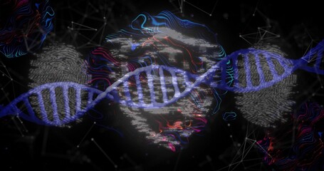 Glowing blue DNA helix spanning digital network space, with fingerprints, data waveforms and nodes