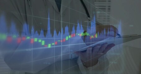 Writing on tablet with stylus wearing lab coat in clinic analyzing candlestick chart and waveform
