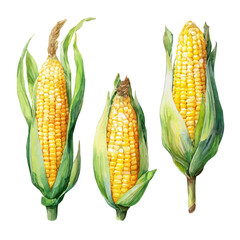 Sweet Corn Set, watercolor clipart vector, isolated on a white background.
