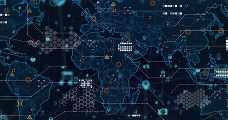 Displaying digital world map on dashboard, with hexagonal grids, numeric blocks and circuit lines