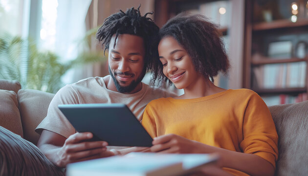 Happy young couple sitting on sofa in modern living room, using tablet together, surrounded by bright natural light from large windows, appearing relaxed yet engaged while exploring content on screen