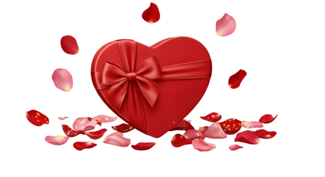 A red heartshaped gift box with a bow, surrounded by falling rose petals, isolated on a transparent background
