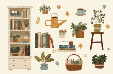 Cozy boho home library with plants books