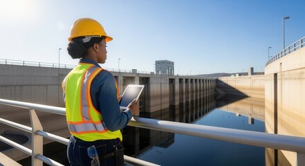A female engineer with a tablet computer inspects a hydroelectric dam. Professional woman in a hard hat working at a renewable energy power plant. Women in STEM concept