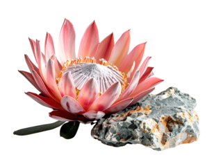 Close-up of a beautiful pink and white flower with a rock, set against a black background