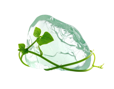 A translucent turquoise block entwined by a green vine with fresh leaves against a black backdrop