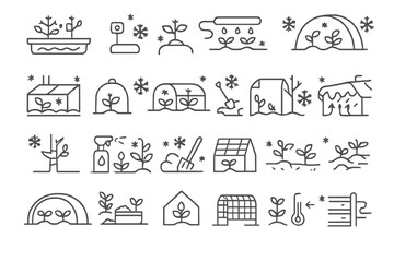 Obraz premium Gardening icons illustrating various plant care activities in winter settings with snowflakes and protective measures