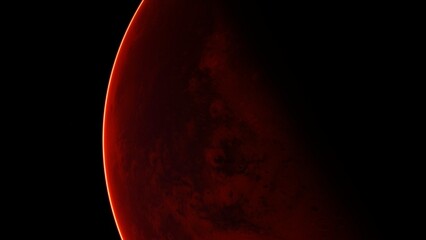 In the deep black of space, a distant planet displays rich crimson colors along its curved edge, highlighting the beauty of the universe in an enchanting twilight setting that captivates the soul.