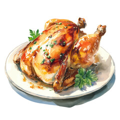Roasted Chicken, watercolor clipart vector, isolated on a white background.