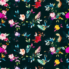 Floral Background Color Pattern Image Cute Graphics Digital Vintage Colour.Tropical seamless pattern background with exotic flowers, palm leaves, jungle leaf, hibiscus, orchid flower