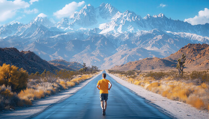 Wide-angle view of ancient snow-capped mountains  with dry desert land on both sides as woman in bright sporty clothing running toward along endless road, framed by towering peaks in distance.