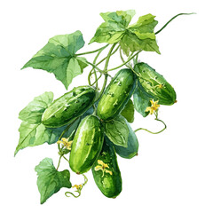 Cucumber On Vine Set, watercolor illustration vector, isolated on a white background.