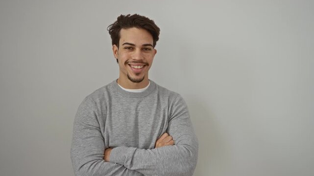 Young hispanic man confidently smiling with crossed arms wearing a gray sweater over an isolated white background conveying relaxed and attractive demeanor.