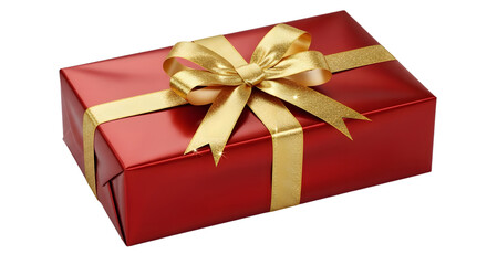 Fototapeta premium A shiny red gift box with a golden ribbon and bow, isolated on transparent background