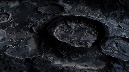 The scene depicts a dark lunar landscape filled with craters, showcasing the rugged terrain and ancient geological features. Shadows cast enhance the depth and intrigue of the surface.